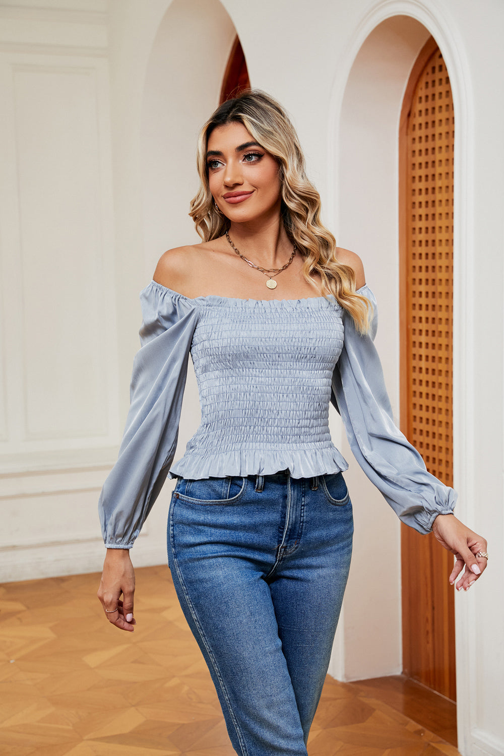 Smocked Off-Shoulder Ruffle Hem Blouse