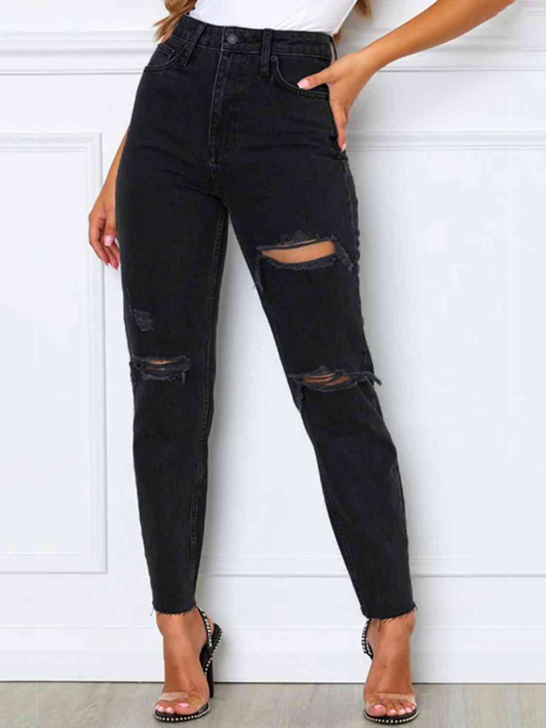 Distressed High Waist Straight Jeans